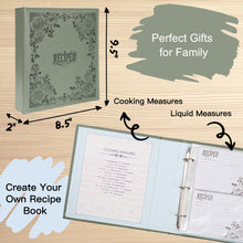 Load image into Gallery viewer, Recipe Book To Write In Your Own Recipes, 8.5x9.5 Recipe Ring Binder with PU faux leather cover, 4x6 Cards and Tabbed Dividers, Dark Green
