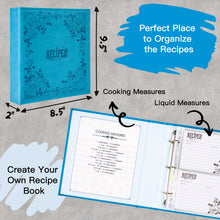 Load image into Gallery viewer, 8.5x9.5 Recipe Ring Binder with PU Faux Leather Cover, 4x6 Cards and Tabbed Dividers, Blue