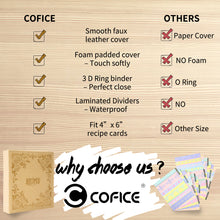 Load image into Gallery viewer, COFICE Recipe Book To Write In Your Own Recipes, 8.5x9.5 Recipe Ring Binder with PU faux leather cover, 4x6 Cards and Tabbed Dividers, Biege