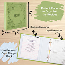 Load image into Gallery viewer, Recipe Book To Write In Your Own Recipes, 8.5x9.5 Recipe Ring Binder with PU faux leather cover, 4x6 Cards and Tabbed Dividers, Green