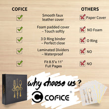 Load image into Gallery viewer, COFICE Recipe Binder – 8.5x11 3 Ring Blank Family Recipe Book Binder Kit to Write in Your Own Recipes with PU Faux Leather Cover and Plastic Sleeves (Black)