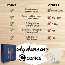Load image into Gallery viewer, COFICE Recipe Binder – 8.5x11 3 Ring Blank Family Recipe Book Binder Kit to Write in Your Own Recipes with PU Faux Leather Cover and Plastic Sleeves (Navy Blue)