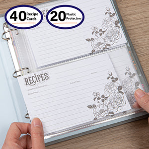 Recipe Book To Write In Your Own Recipes, 8.5x9.5 Recipe Ring Binder with PU faux leather cover, 4x6 Cards and Tabbed Dividers, Gray