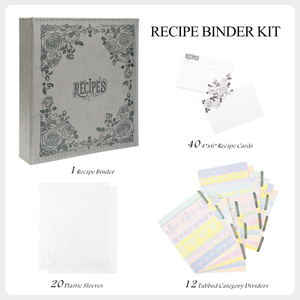 Recipe Book To Write In Your Own Recipes, 8.5x9.5 Recipe Ring Binder with PU faux leather cover, 4x6 Cards and Tabbed Dividers, Gray