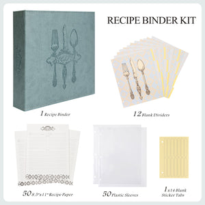 COFICE Recipe Binder – 8.5x11 3 Ring Blank Family Recipe Book Binder Kit to Write in Your Own Recipes with PU Faux Leather Cover and Plastic Sleeves (Aquamarine)