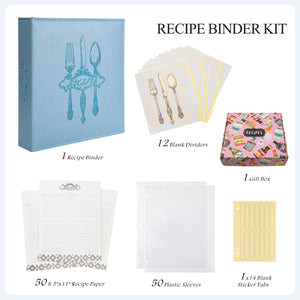 COFICE Recipe Binder – 8.5x11 3 Ring Blank Family Recipe Book Binder Kit to Write in Your Own Recipes with PU Faux Leather Cover and Plastic Sleeves (Light Blue)