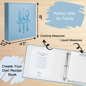 COFICE Recipe Binder – 8.5x11 3 Ring Blank Family Recipe Book Binder Kit to Write in Your Own Recipes with PU Faux Leather Cover and Plastic Sleeves (Light Blue)