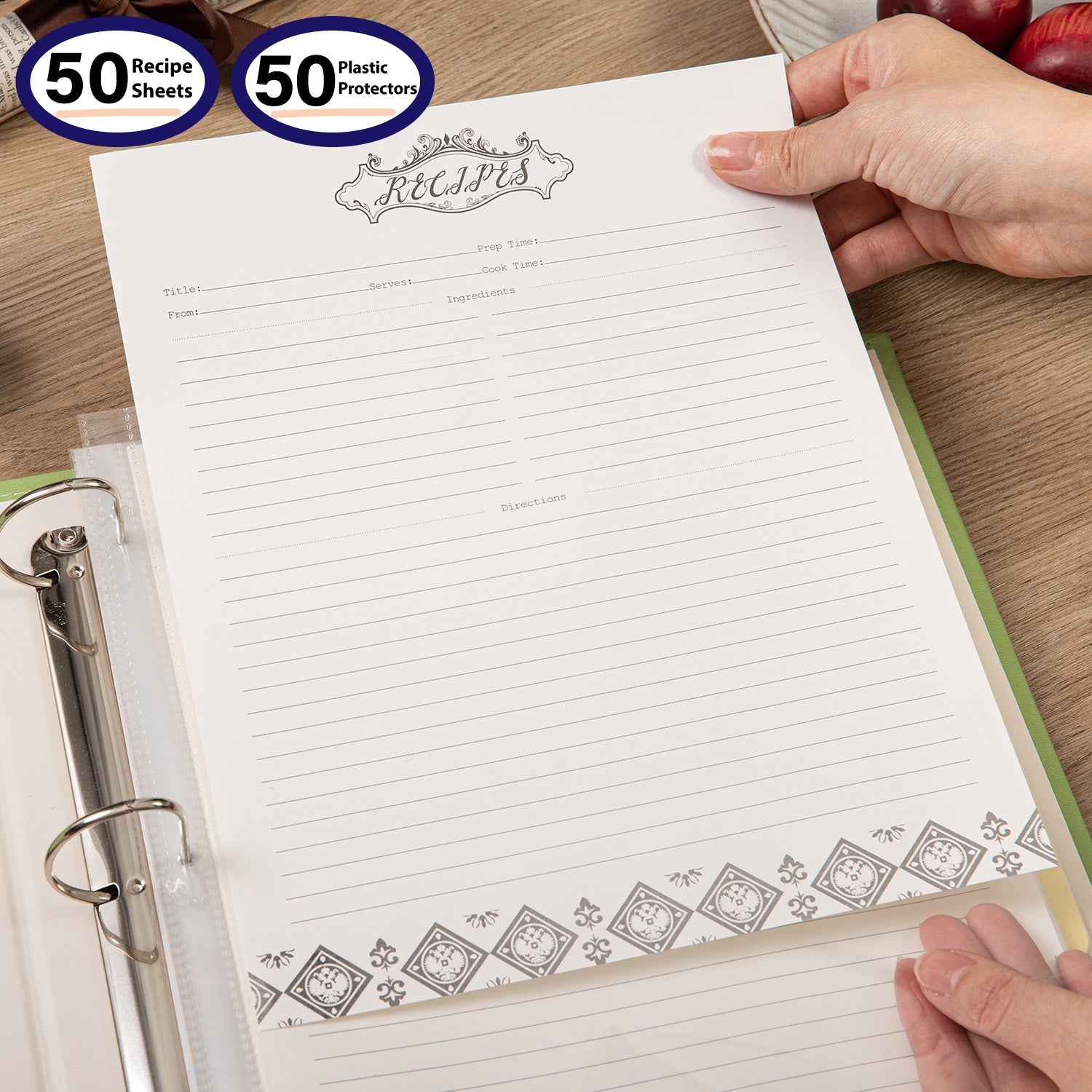 COFICE 50 Pack Recipe Paper for 8.5x11 Full Page 3 Ring Book Binder wi