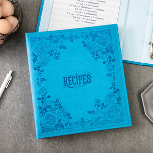 8.5x9.5 Recipe Ring Binder with PU Faux Leather Cover, 4x6 Cards and Tabbed Dividers, Blue