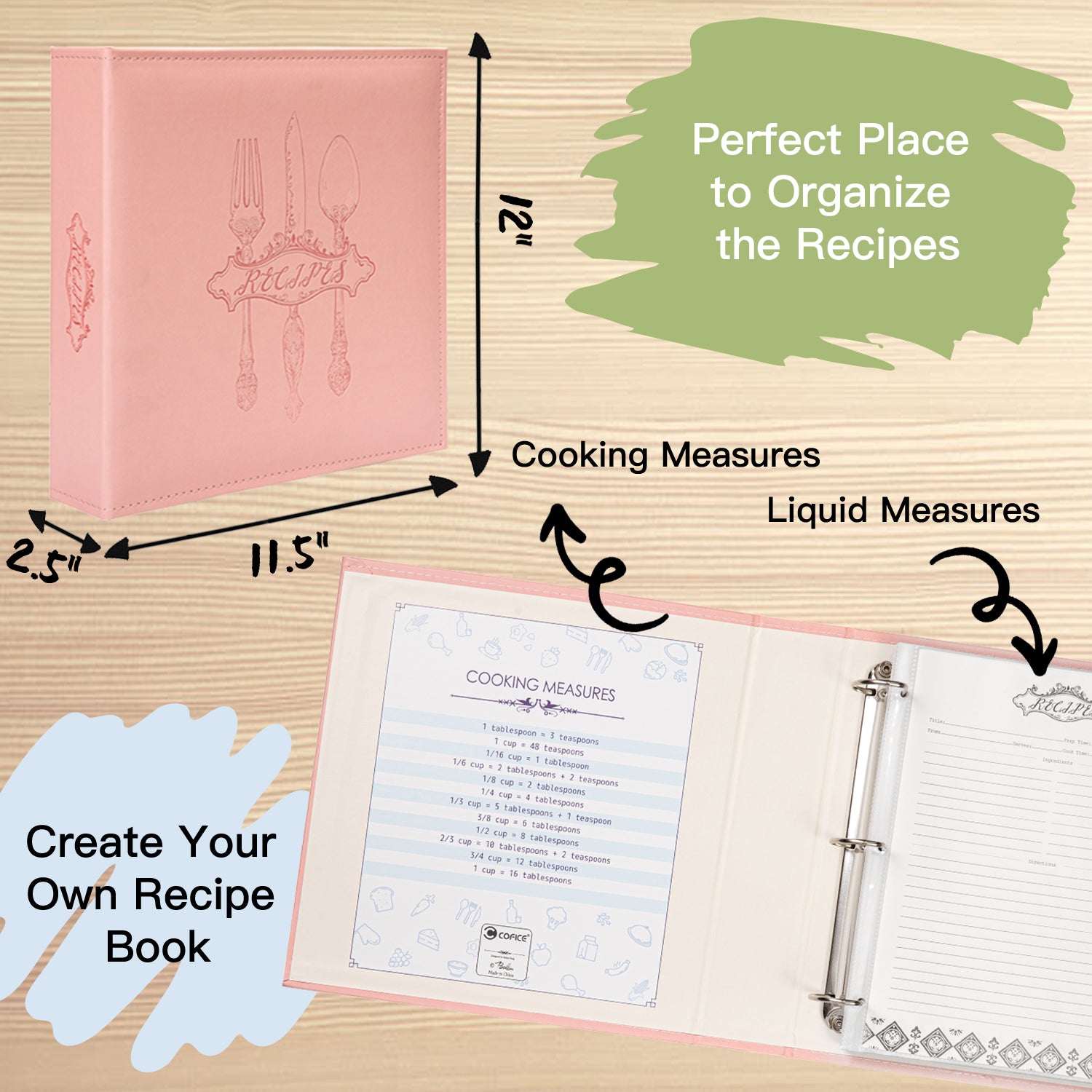 SwiftCube Recipe Book to Write in Your Own Recipes | Handy Kitchen Conversion Chart Magnet Included | Store 220 Recipes, 30 Ring Binder with 8