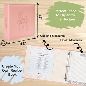 COFICE Recipe Binder – 8.5x11 3 Ring Blank Family Recipe Book Binder Kit to Write in Your Own Recipes with PU Faux Leather Cover and Plastic Sleeves (Pink)